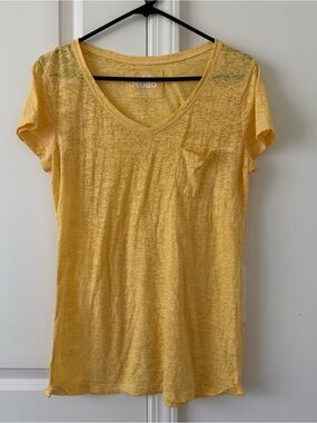 Mudd Yellow Burnout V-Neck Pocket Tee Y2K Juniors Women Large Sheer Lightweight
